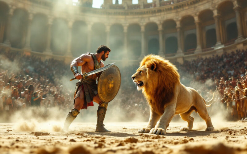 Gladiator care înfruntă un leu în arena romană